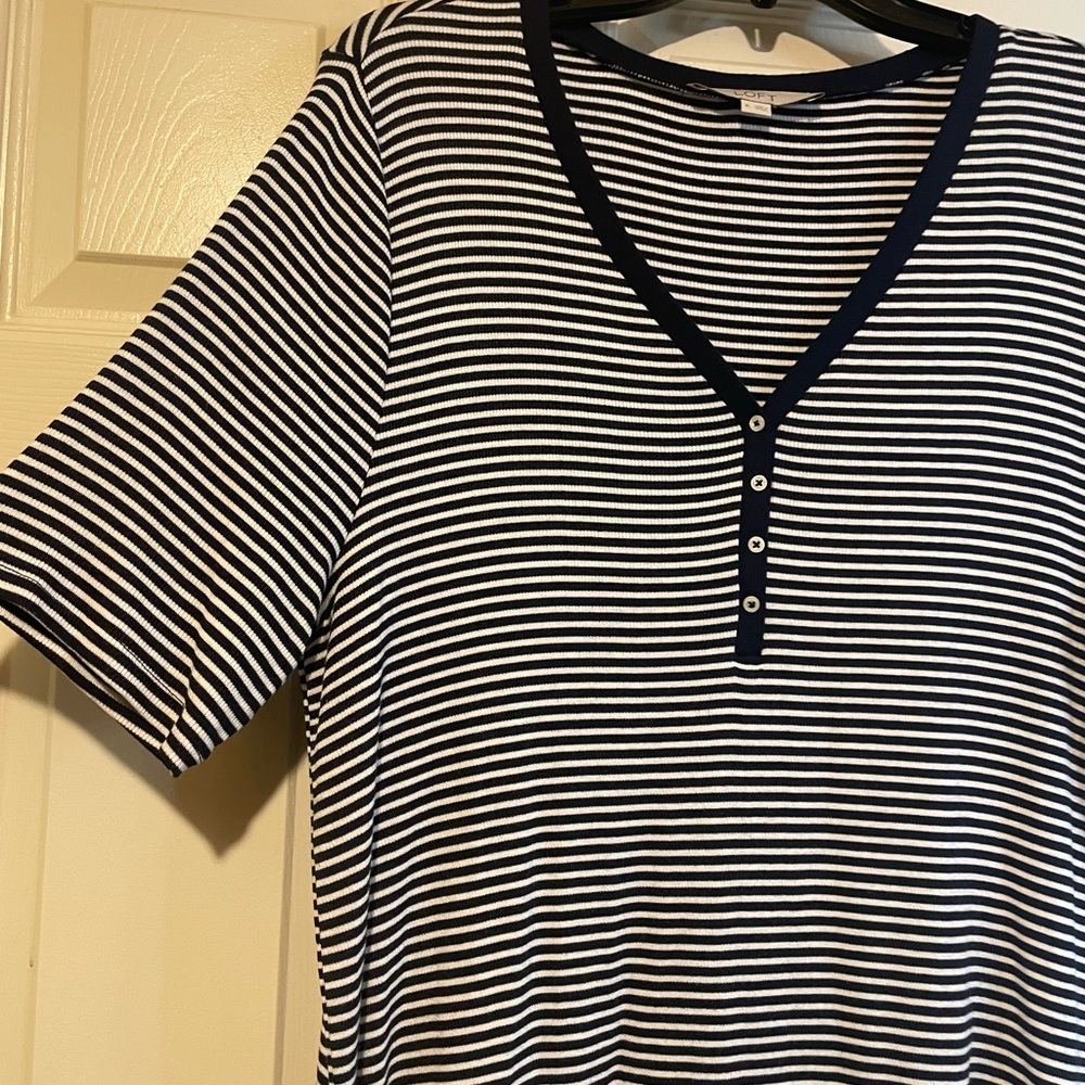 LOFT Black & White Striped V-Neck Henley Tee